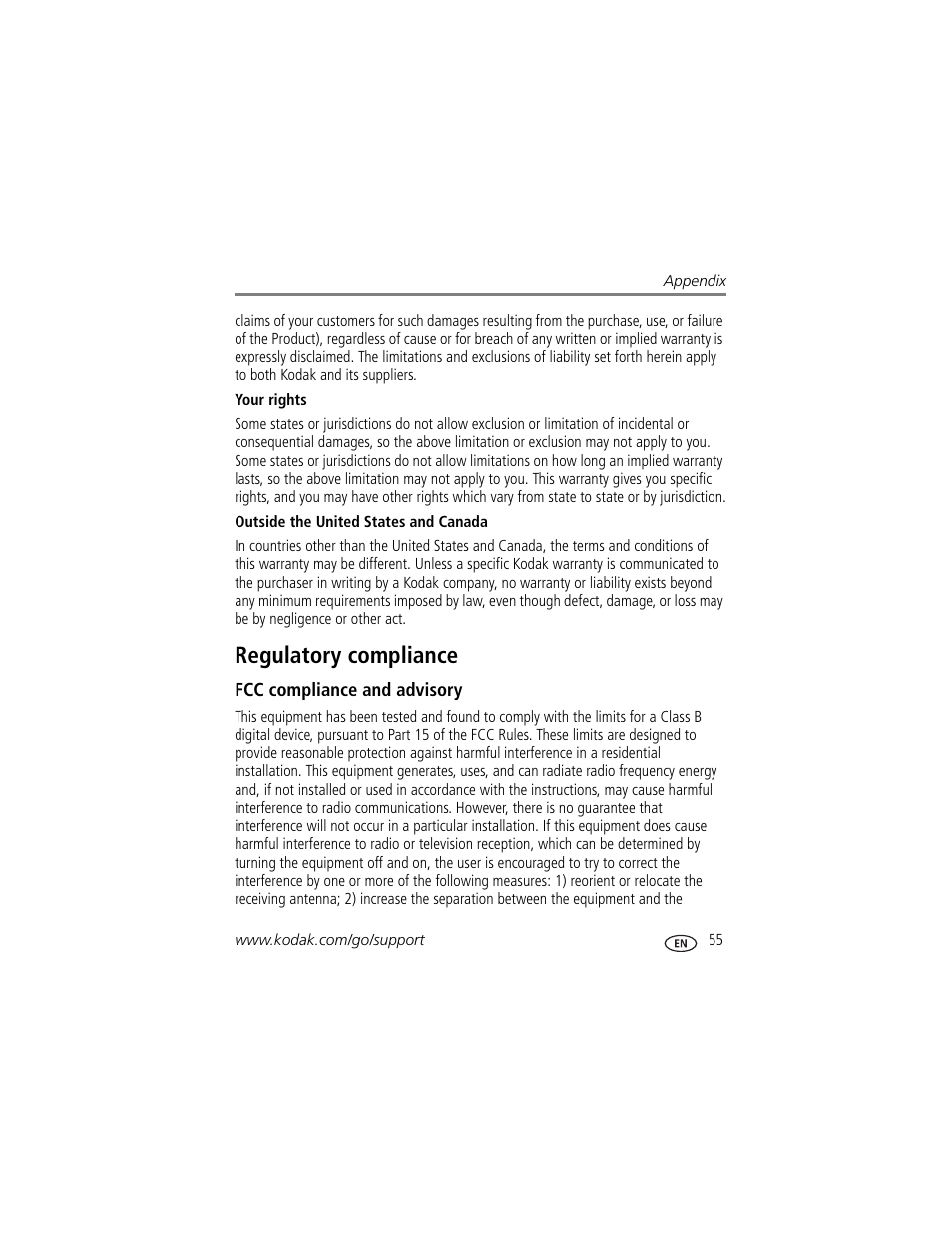 Regulatory compliance, Fcc compliance and advisory | Kodak MD55 User Manual | Page 61 / 70
