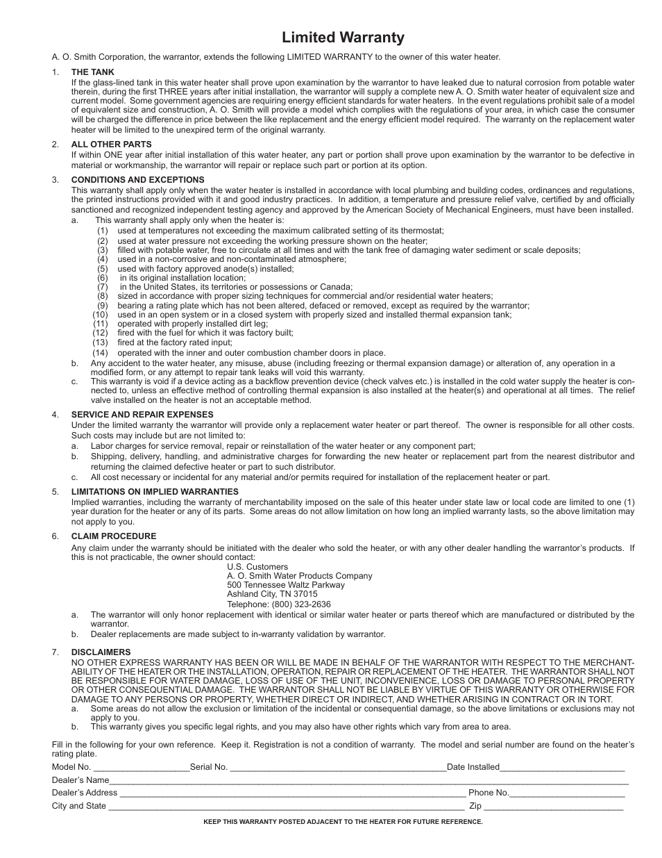 Limited warranty | A.O. Smith BTX-80 SERIES 100 User Manual | Page 39 / 40