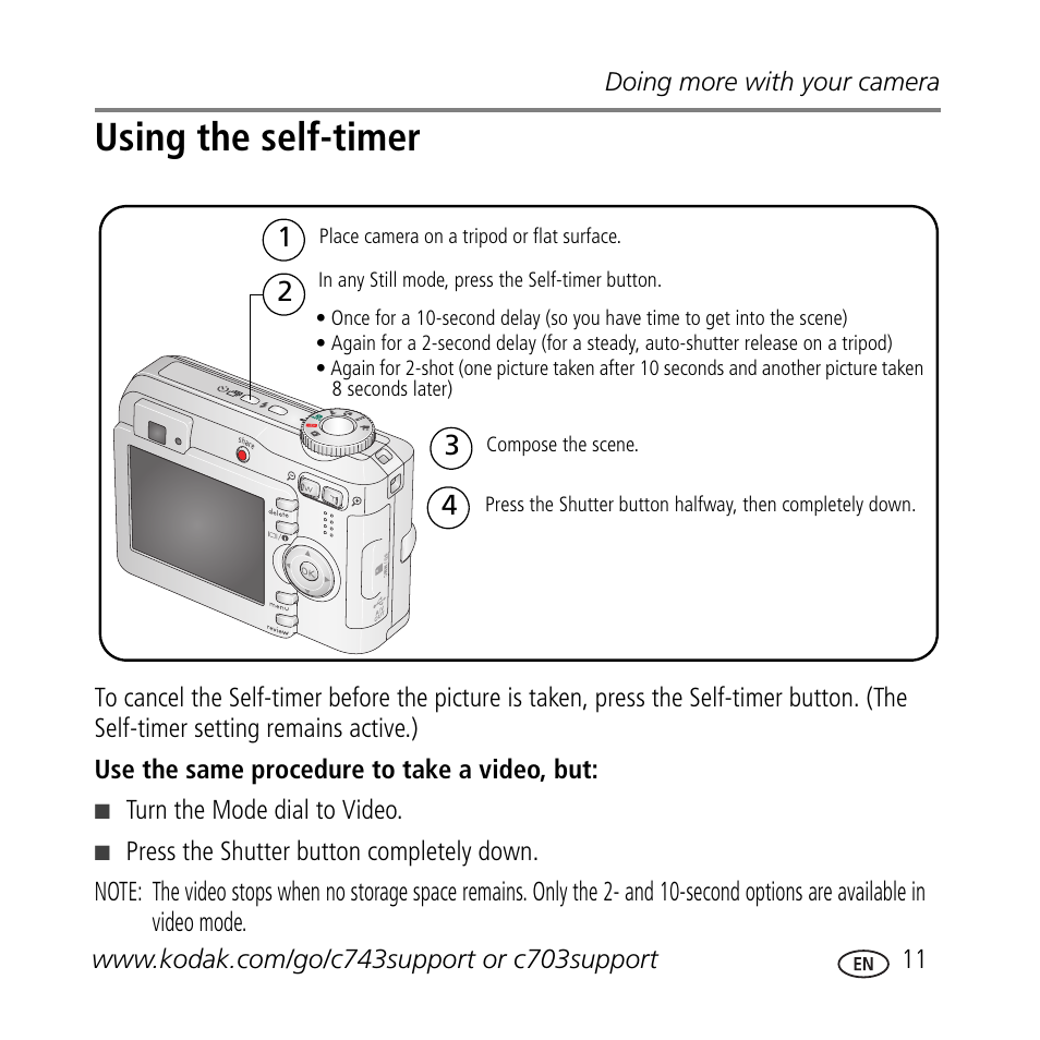 Using the self-timer | Kodak C703 User Manual | Page 11 / 30