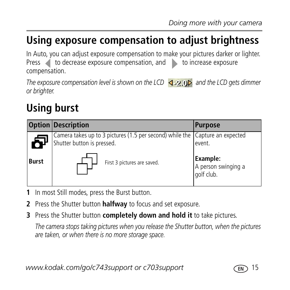 Using exposure compensation to adjust brightness, Using burst | Kodak C703 User Manual | Page 15 / 30