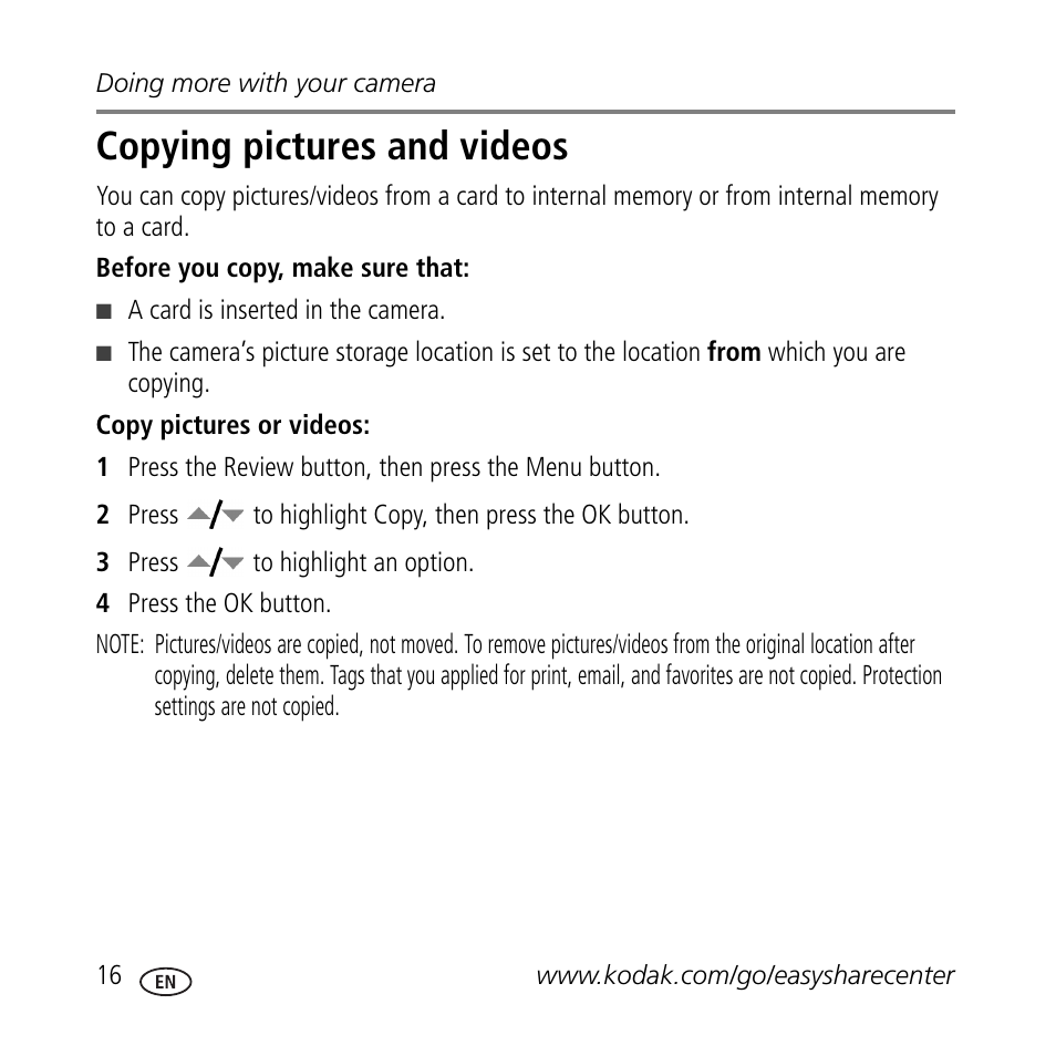 Copying pictures and videos | Kodak C703 User Manual | Page 16 / 30