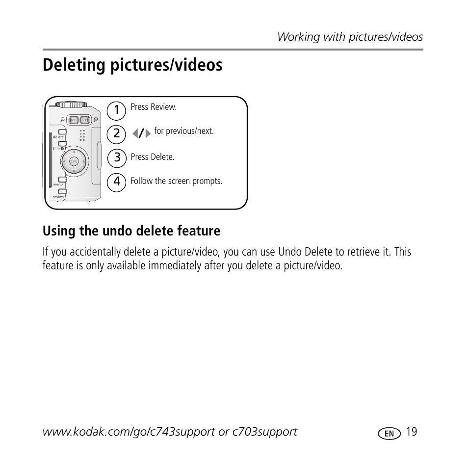 Deleting pictures/videos, Using the undo delete feature | Kodak C703 User Manual | Page 19 / 30