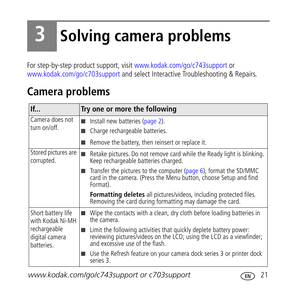 Solving camera problems, Camera problems | Kodak C703 User Manual | Page 21 / 30