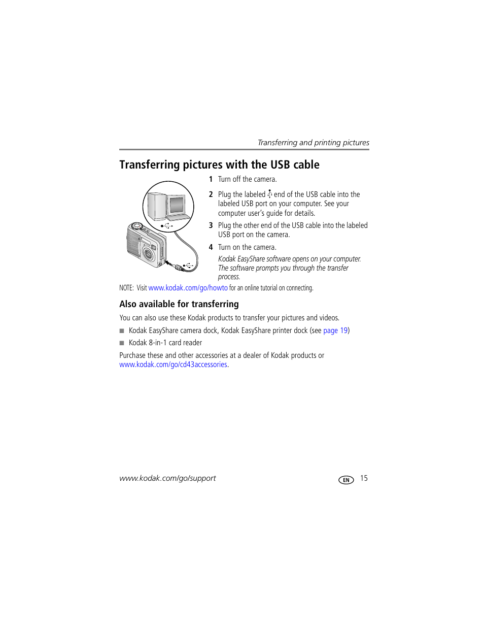 Transferring pictures with the usb cable, Also available for transferring | Kodak CD43 User Manual | Page 21 / 73