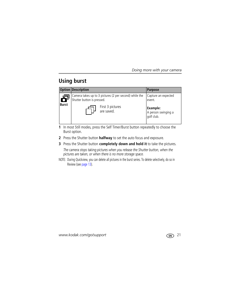 Using burst | Kodak CD43 User Manual | Page 27 / 73