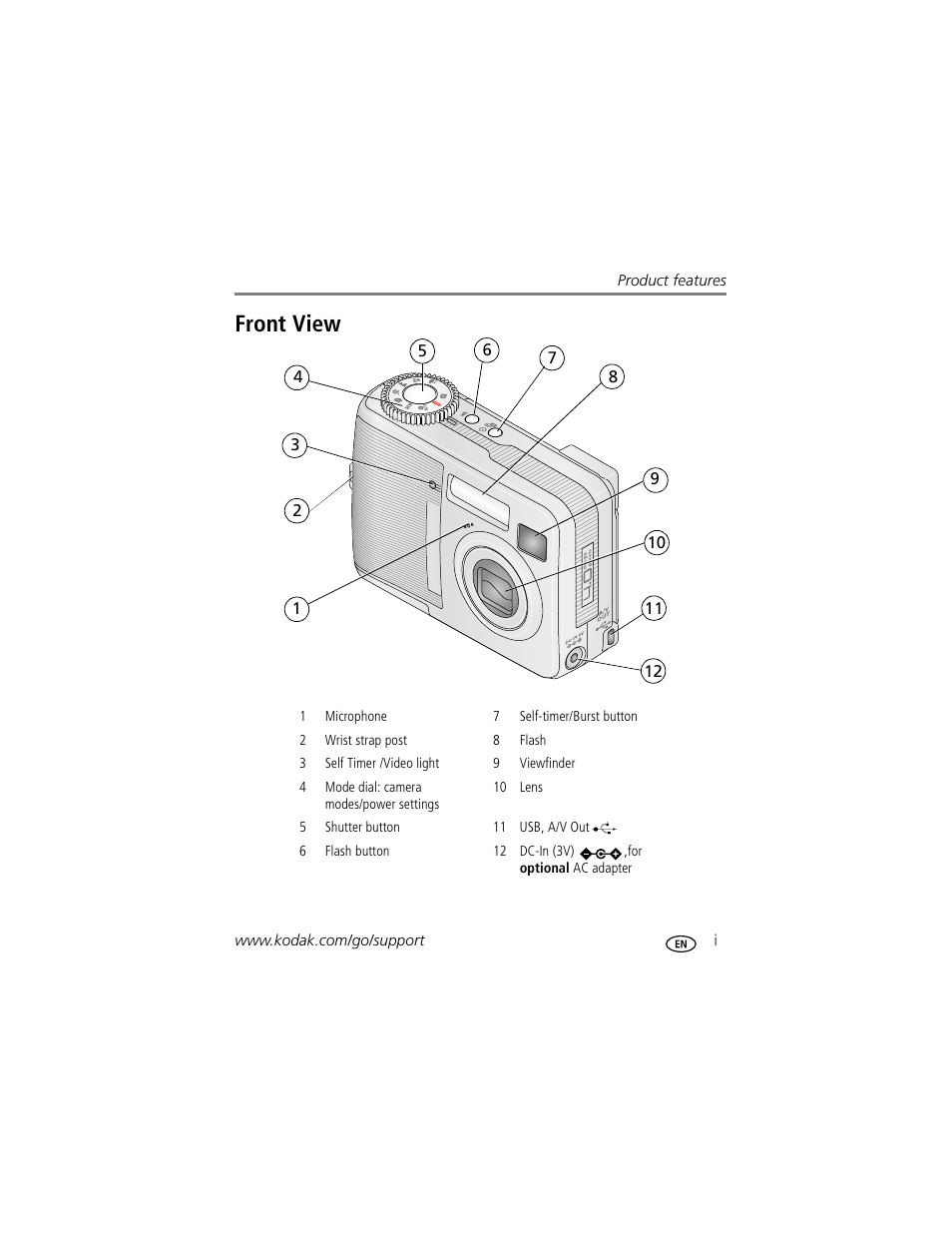 Product features, Front view | Kodak CD43 User Manual | Page 3 / 73