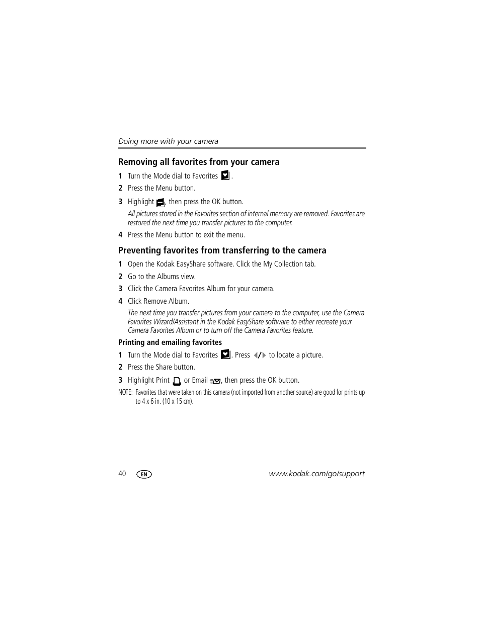 Removing all favorites from your camera, Printing and emailing favorites | Kodak CD43 User Manual | Page 46 / 73