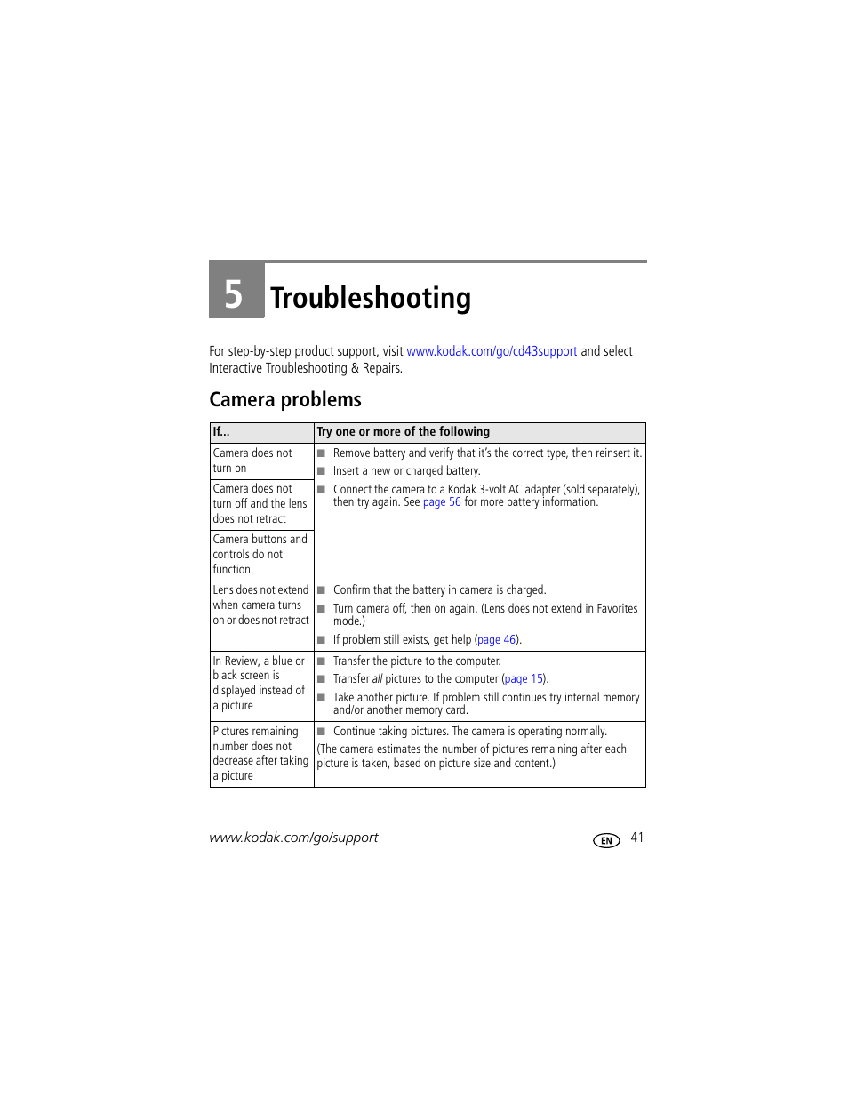 Troubleshooting, Camera problems, 5 troubleshooting | Kodak CD43 User Manual | Page 47 / 73