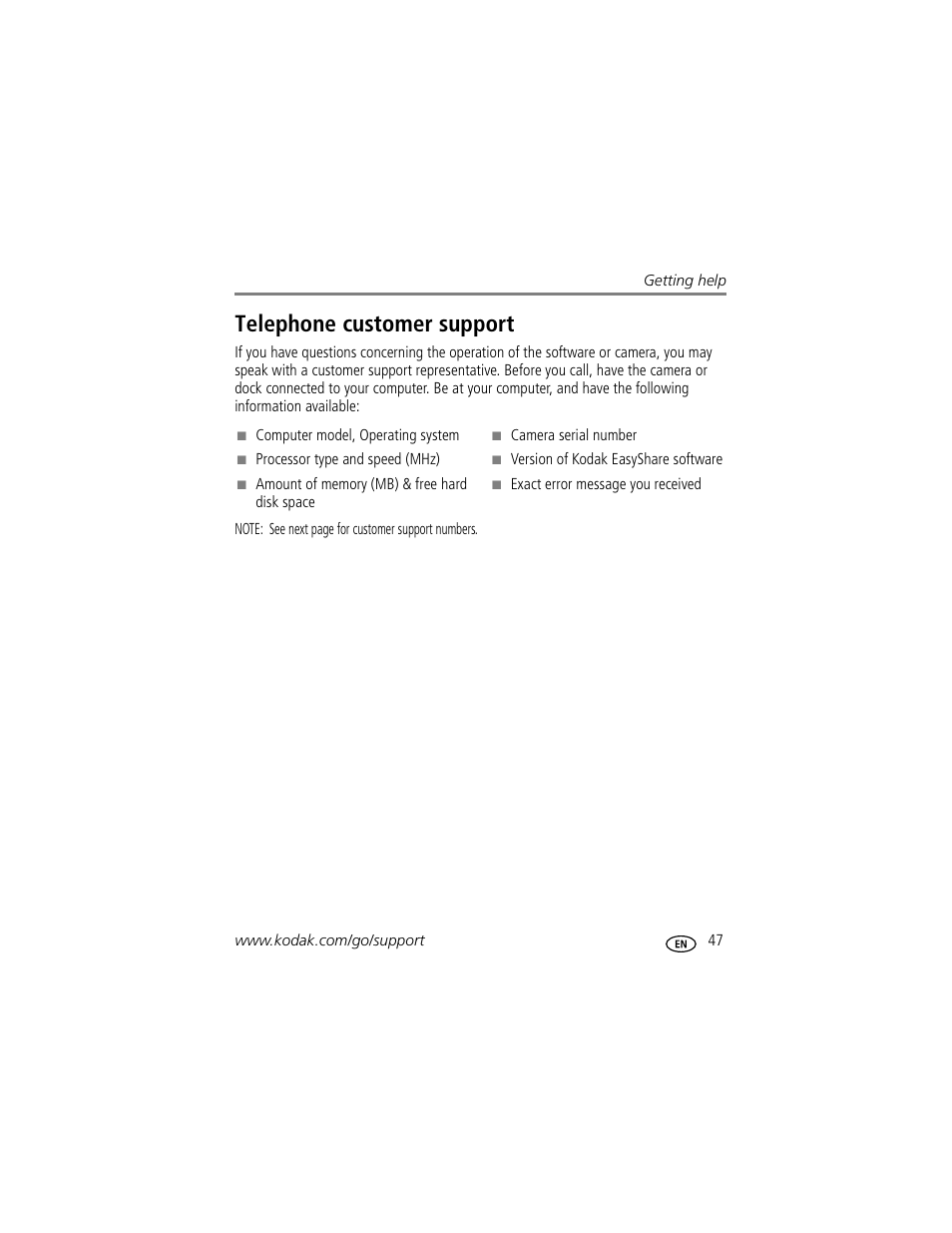 Telephone customer support | Kodak CD43 User Manual | Page 53 / 73