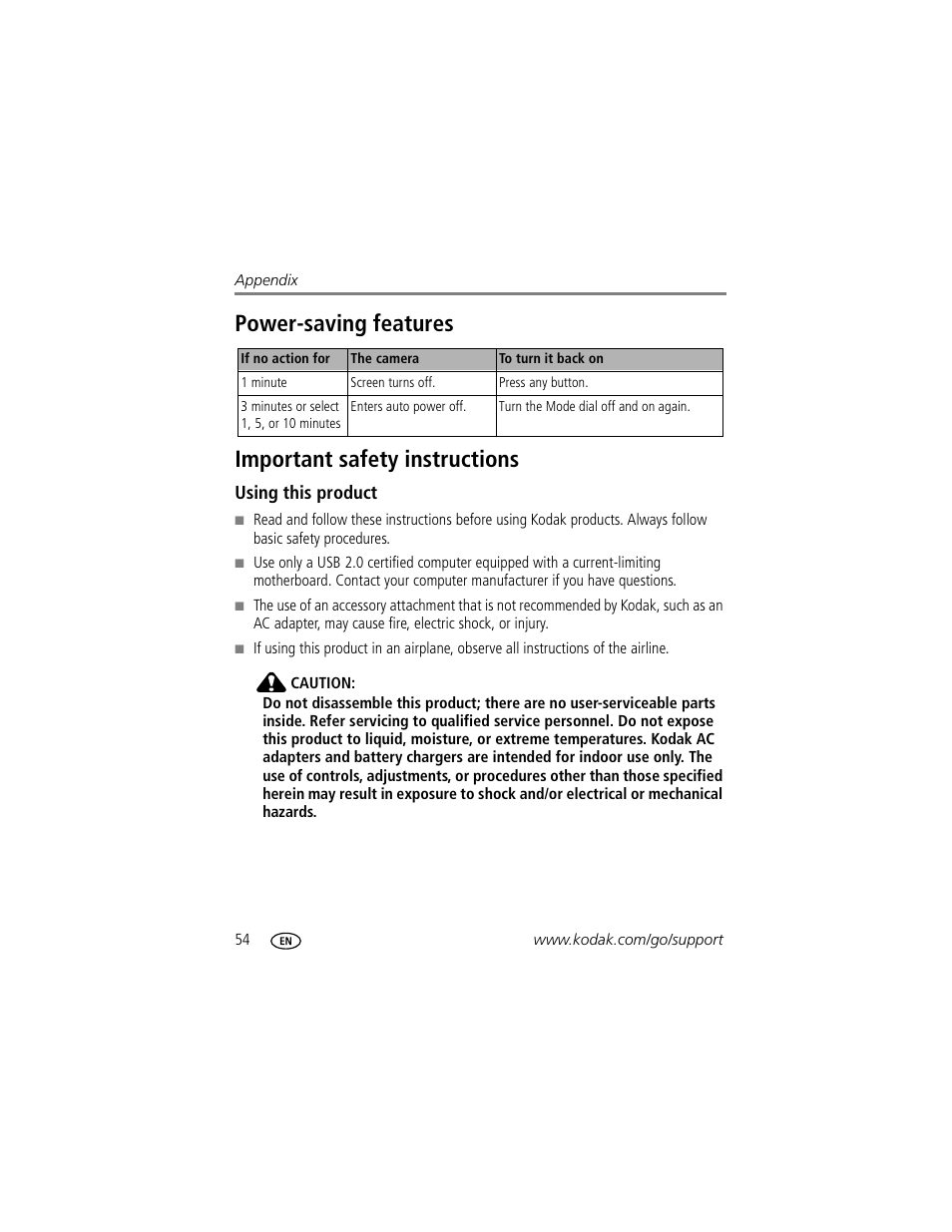 Power-saving features, Important safety instructions, Using this product | Kodak CD43 User Manual | Page 60 / 73