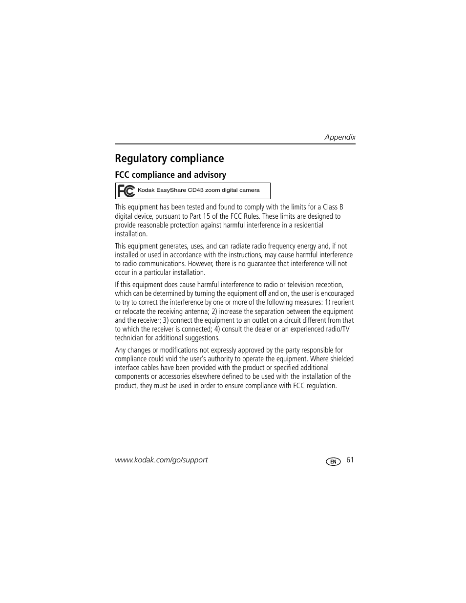 Regulatory compliance, Fcc compliance and advisory | Kodak CD43 User Manual | Page 67 / 73