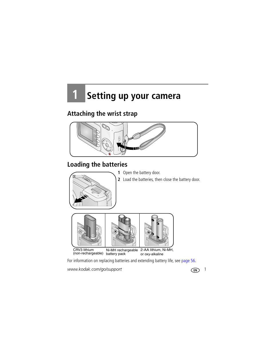 Setting up your camera, Attaching the wrist strap, Loading the batteries | 1 setting up your camera, Attaching the wrist strap loading the batteries | Kodak CD43 User Manual | Page 7 / 73