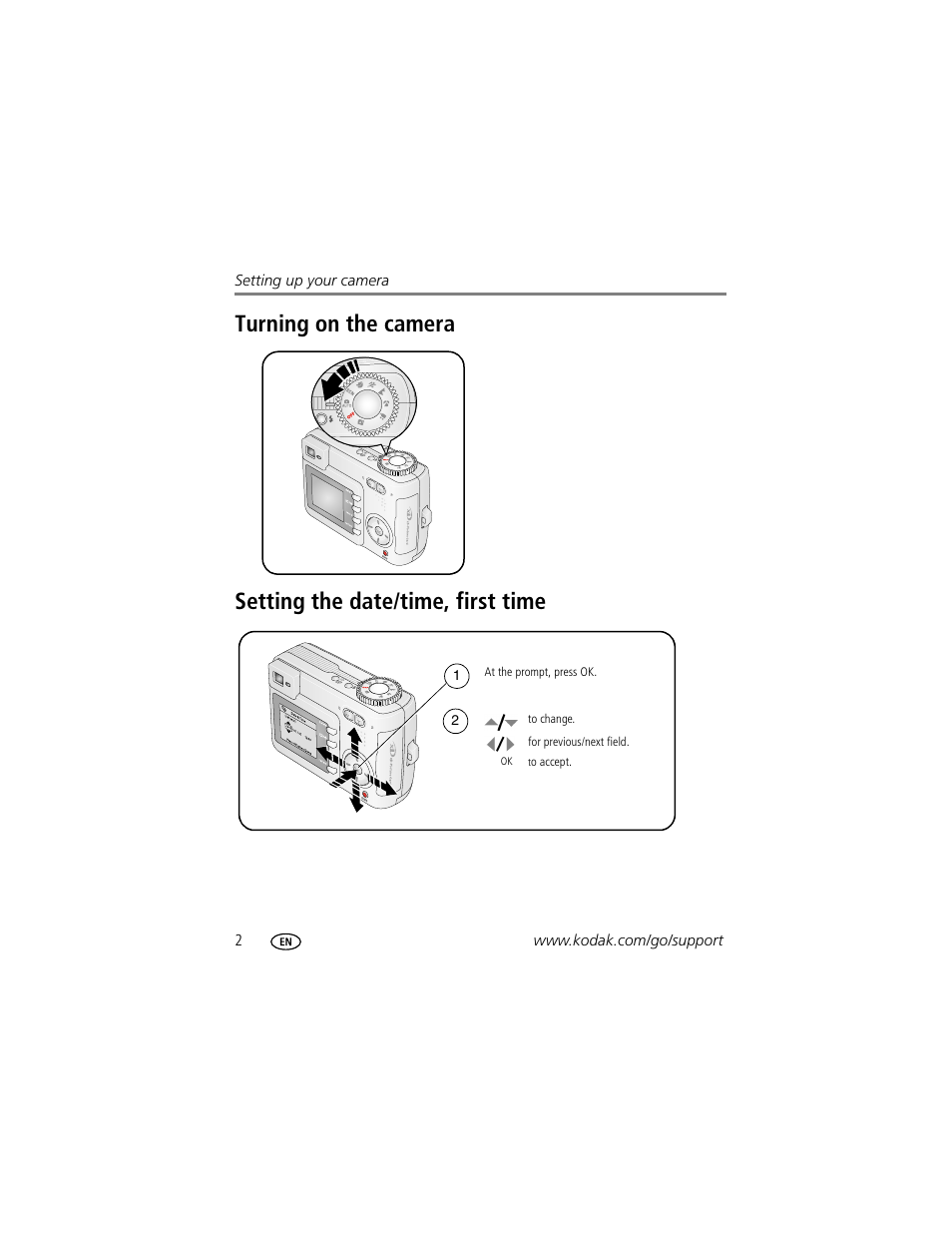 Turning on the camera, Setting the date/time, first time | Kodak CD43 User Manual | Page 8 / 73