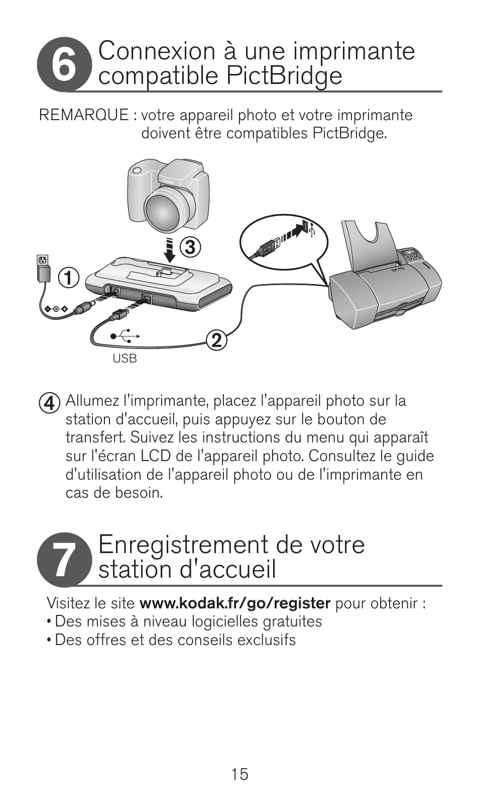 Connexion à une imprimante compatible pictbridge, Enregistrement de votre station d'accueil | Kodak Camera Dock Series 3 User Manual | Page 15 / 32