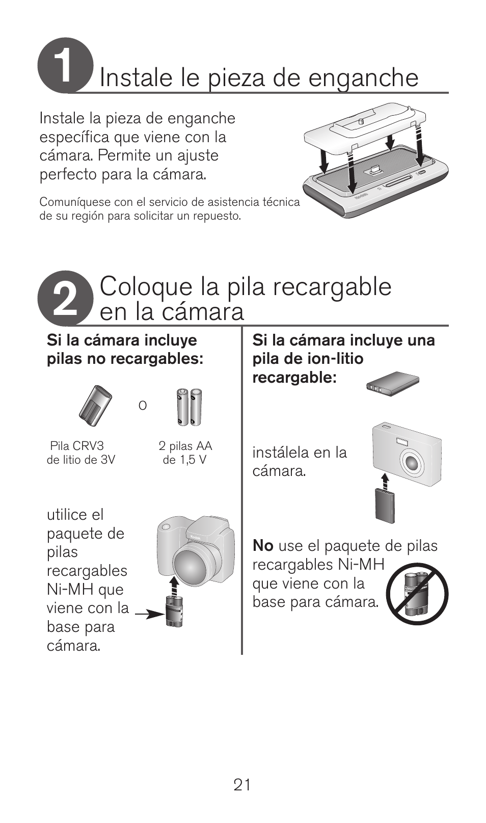 Instale le pieza de enganche, Coloque la pila recargable en la cámara | Kodak Camera Dock Series 3 User Manual | Page 21 / 32