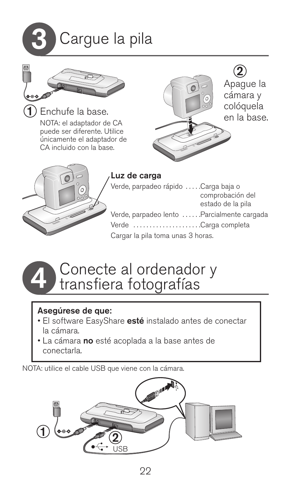 Conecte al ordenador y transfiera fotografías, Cargue la pila | Kodak Camera Dock Series 3 User Manual | Page 22 / 32