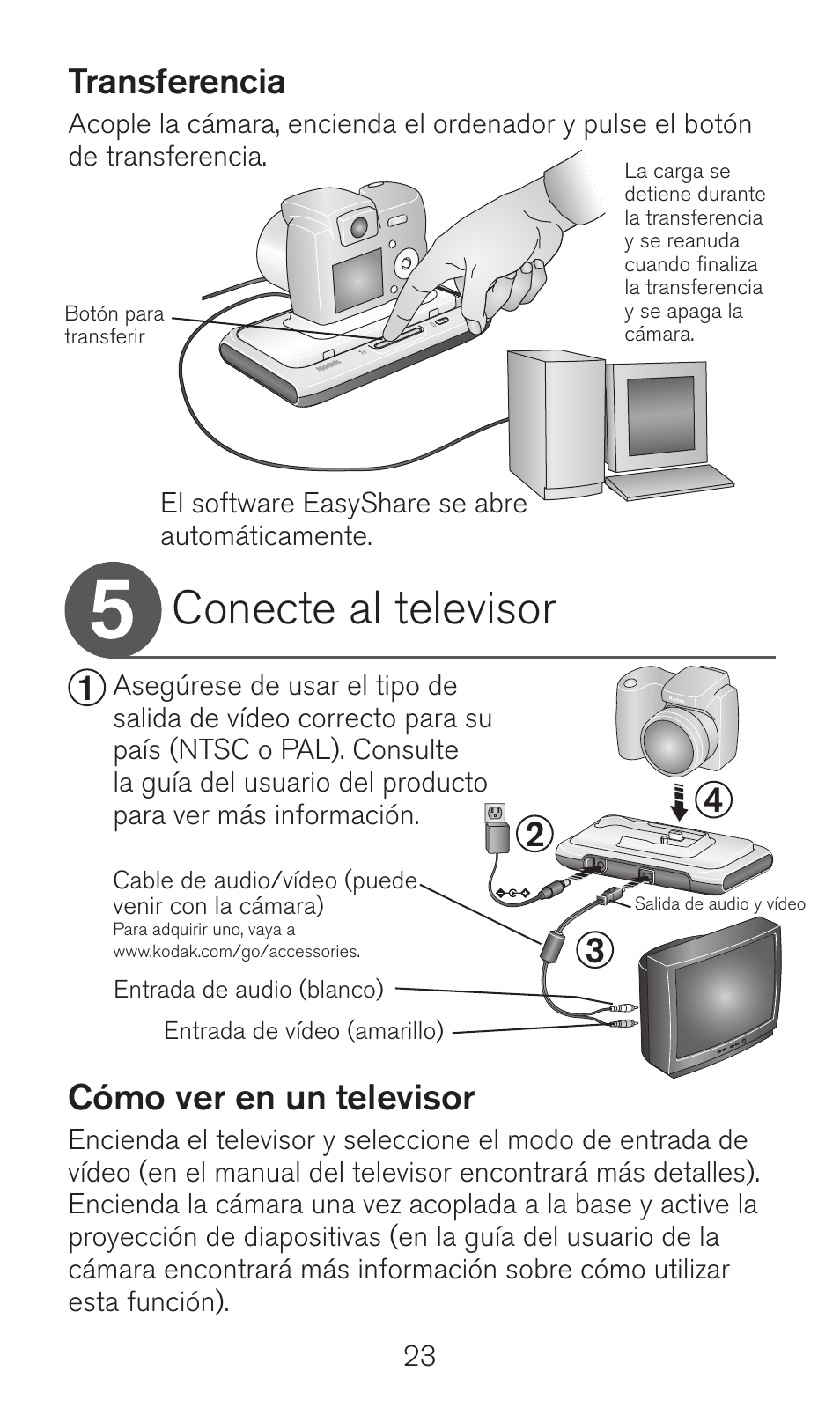 Conecte al televisor | Kodak Camera Dock Series 3 User Manual | Page 23 / 32