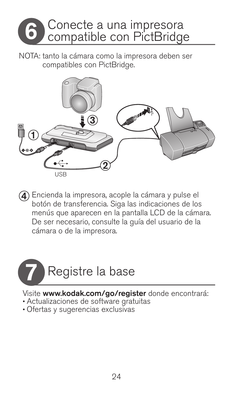 Conecte a una impresora compatible con pictbridge, Registre la base | Kodak Camera Dock Series 3 User Manual | Page 24 / 32