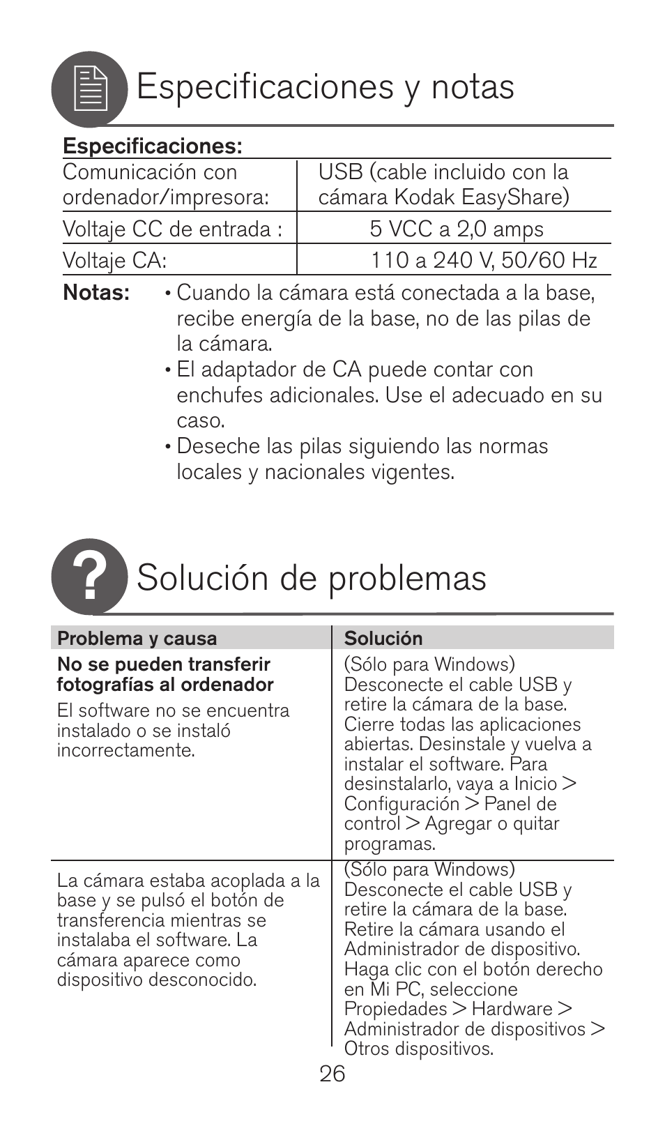 Especificaciones y notas, Solución de problemas | Kodak Camera Dock Series 3 User Manual | Page 26 / 32