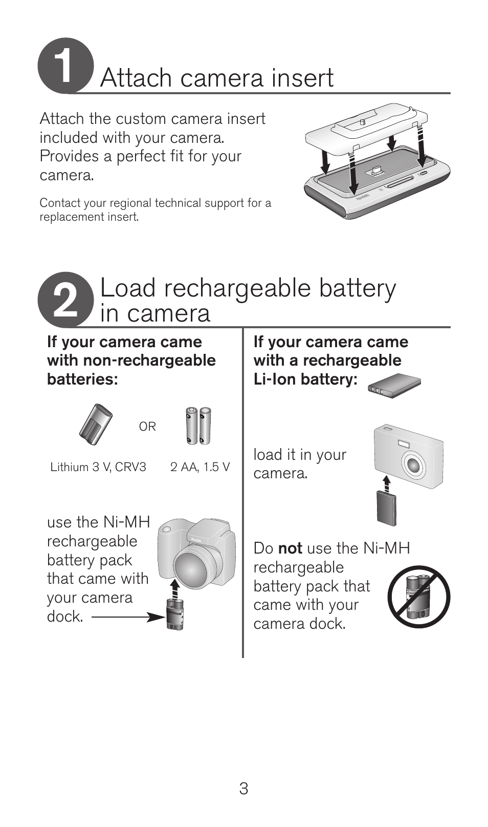 Attach camera insert, Load rechargeable battery in camera | Kodak Camera Dock Series 3 User Manual | Page 3 / 32