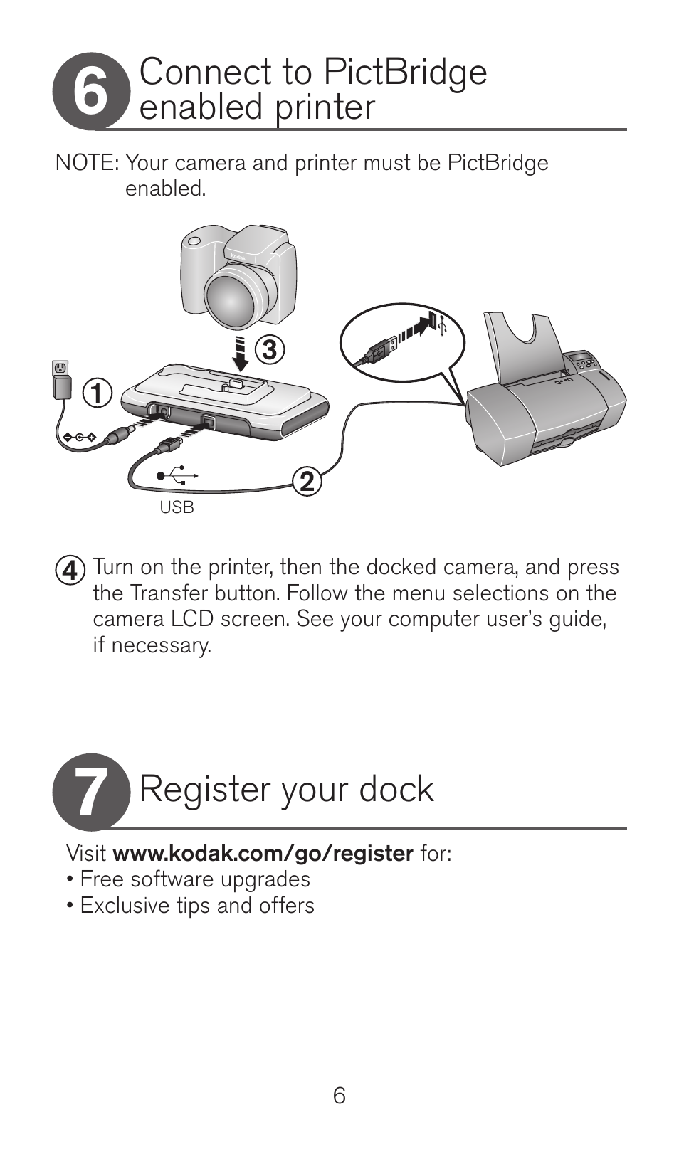 Connect to pictbridge enabled printer, Register your dock | Kodak Camera Dock Series 3 User Manual | Page 6 / 32