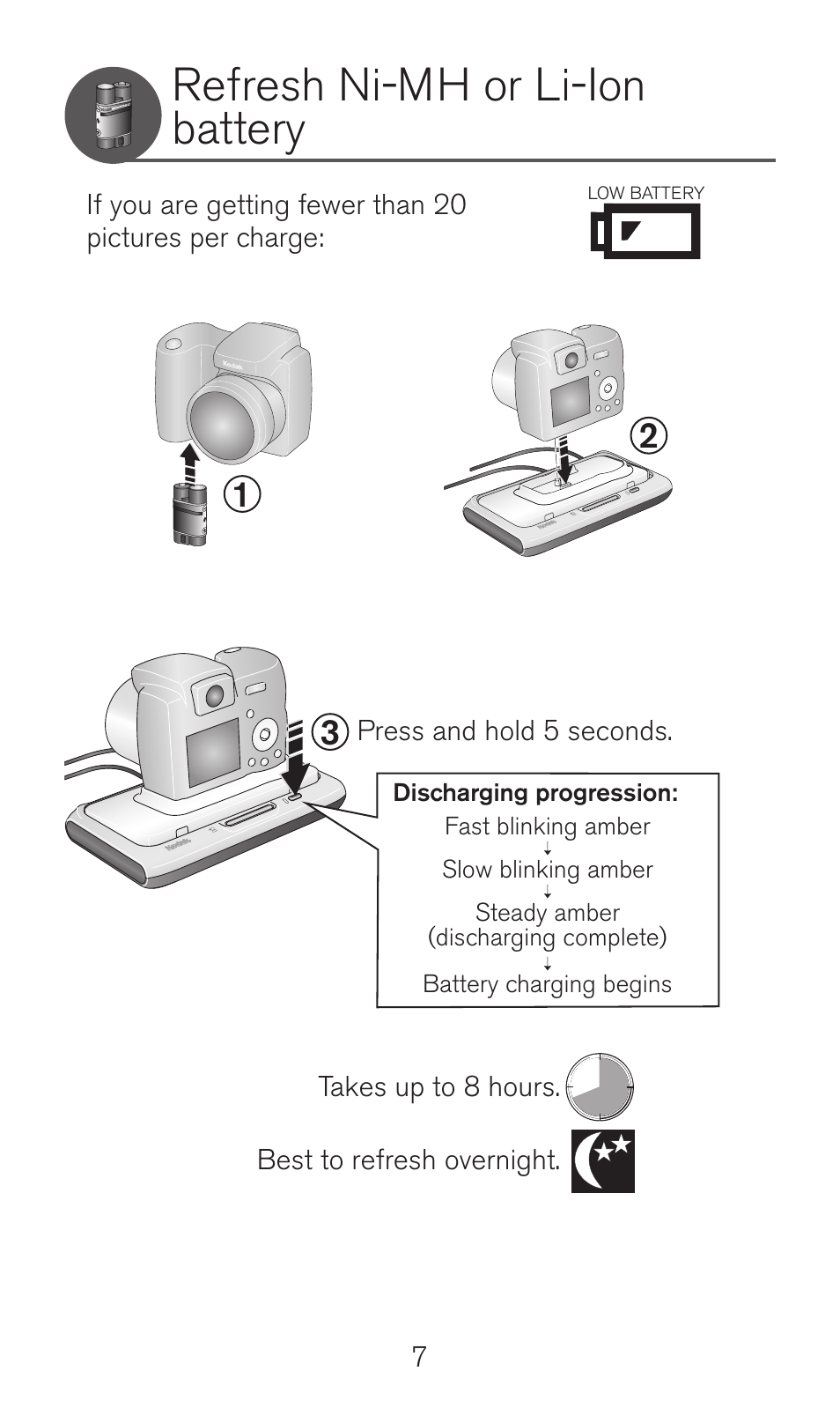Refresh ni-mh or li-ion battery | Kodak Camera Dock Series 3 User Manual | Page 7 / 32