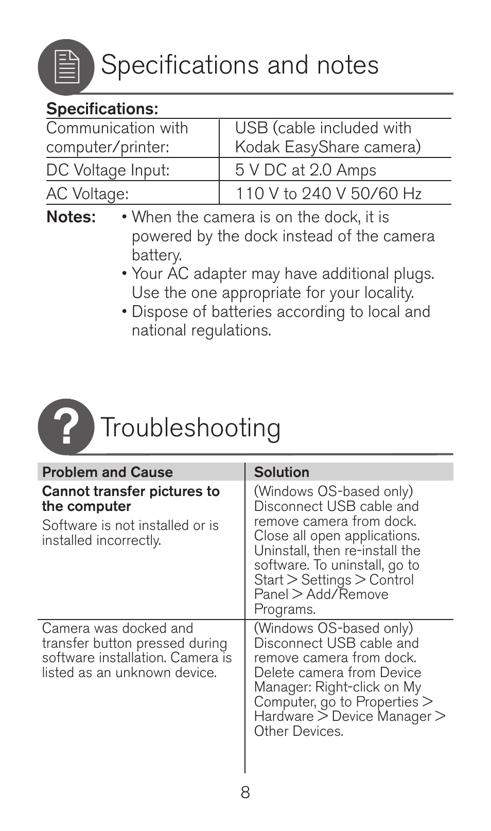 Troubleshooting | Kodak Camera Dock Series 3 User Manual | Page 8 / 32