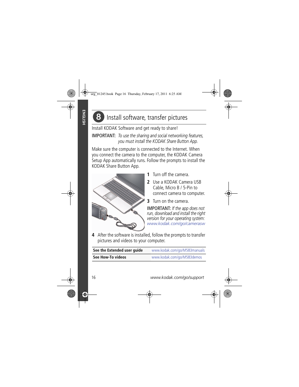 Install software, transfer pictures | Kodak M583 User Manual | Page 16 / 27