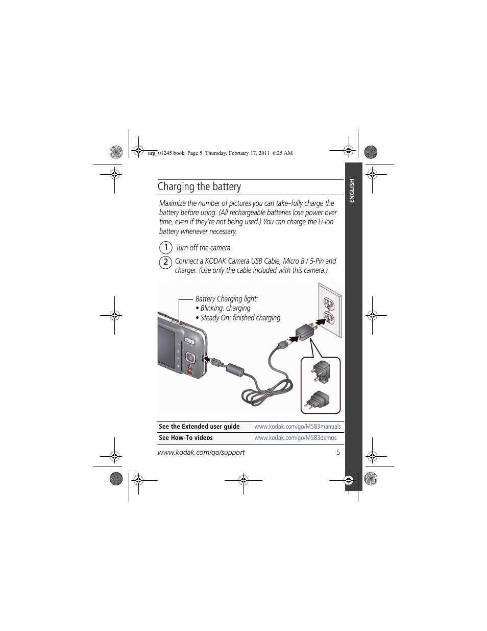 Charging the battery | Kodak M583 User Manual | Page 5 / 27