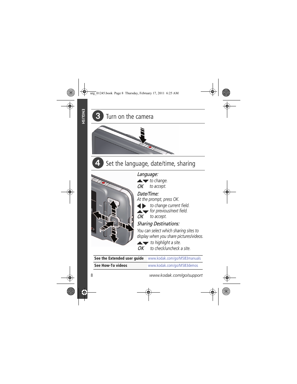 Turn on the camera, Set the language, date/time, sharing | Kodak M583 User Manual | Page 8 / 27