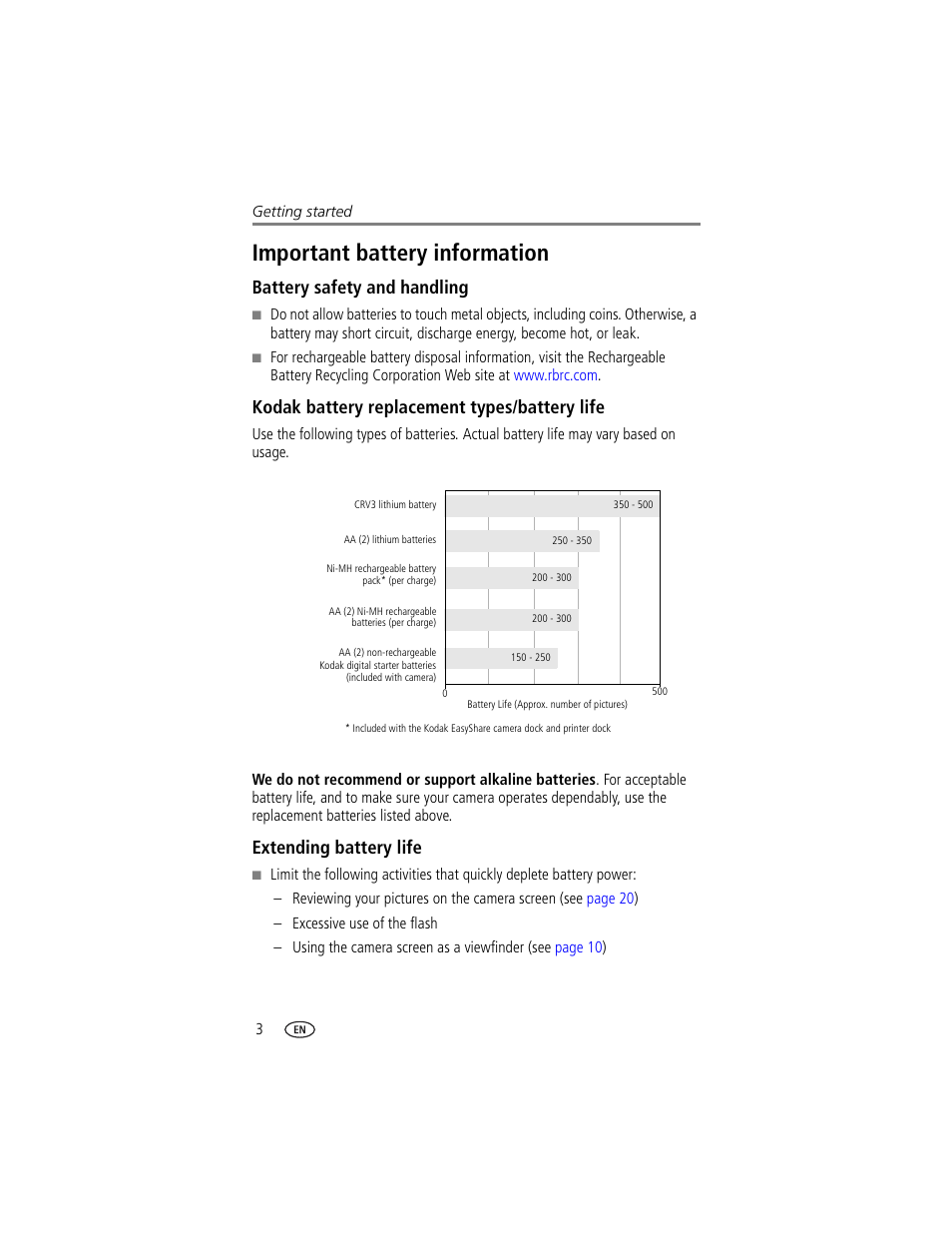 Important battery information, Battery safety and handling, Kodak battery replacement types/battery life | Extending battery life | Kodak CX7220 User Manual | Page 10 / 60