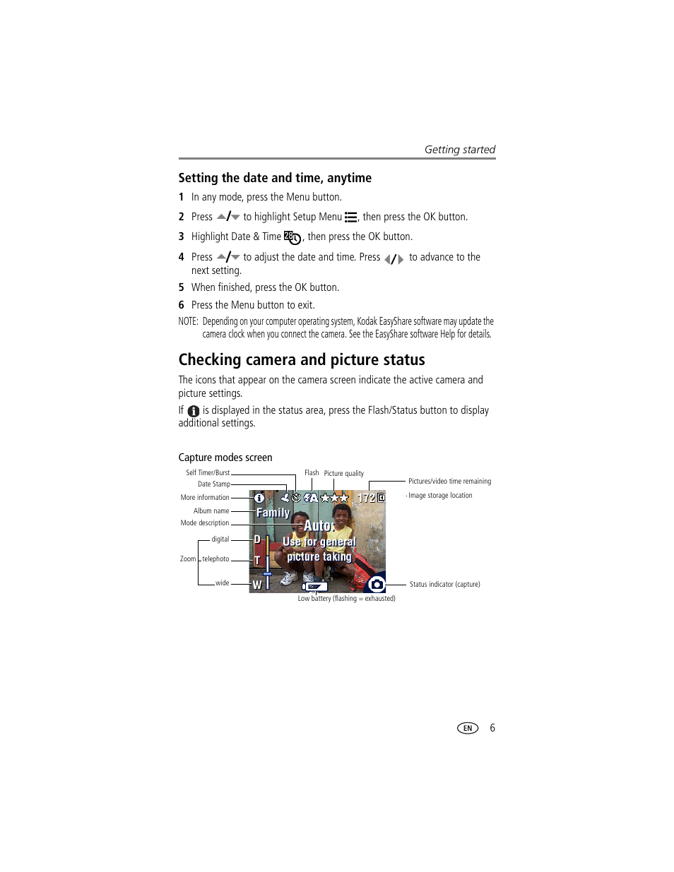 Setting the date and time, anytime, Checking camera and picture status | Kodak CX7220 User Manual | Page 13 / 60
