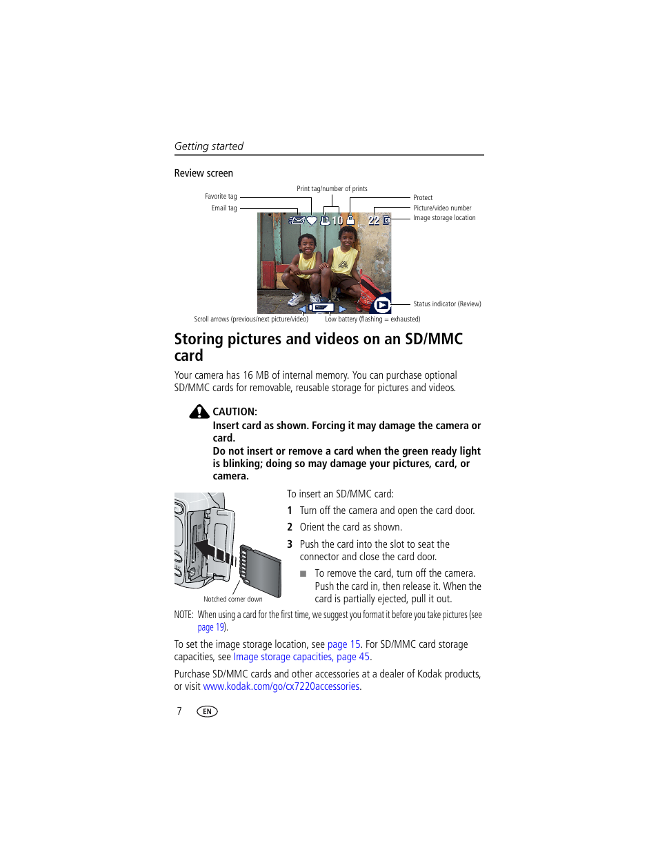 Storing pictures and videos on an sd/mmc card | Kodak CX7220 User Manual | Page 14 / 60
