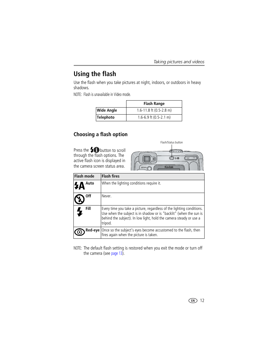 Using the flash, Choosing a flash option | Kodak CX7220 User Manual | Page 19 / 60
