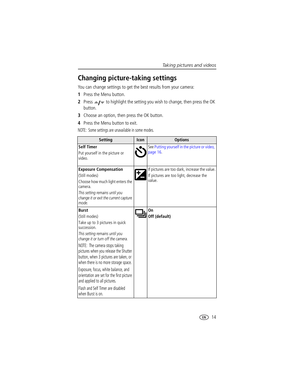 Changing picture-taking settings | Kodak CX7220 User Manual | Page 21 / 60