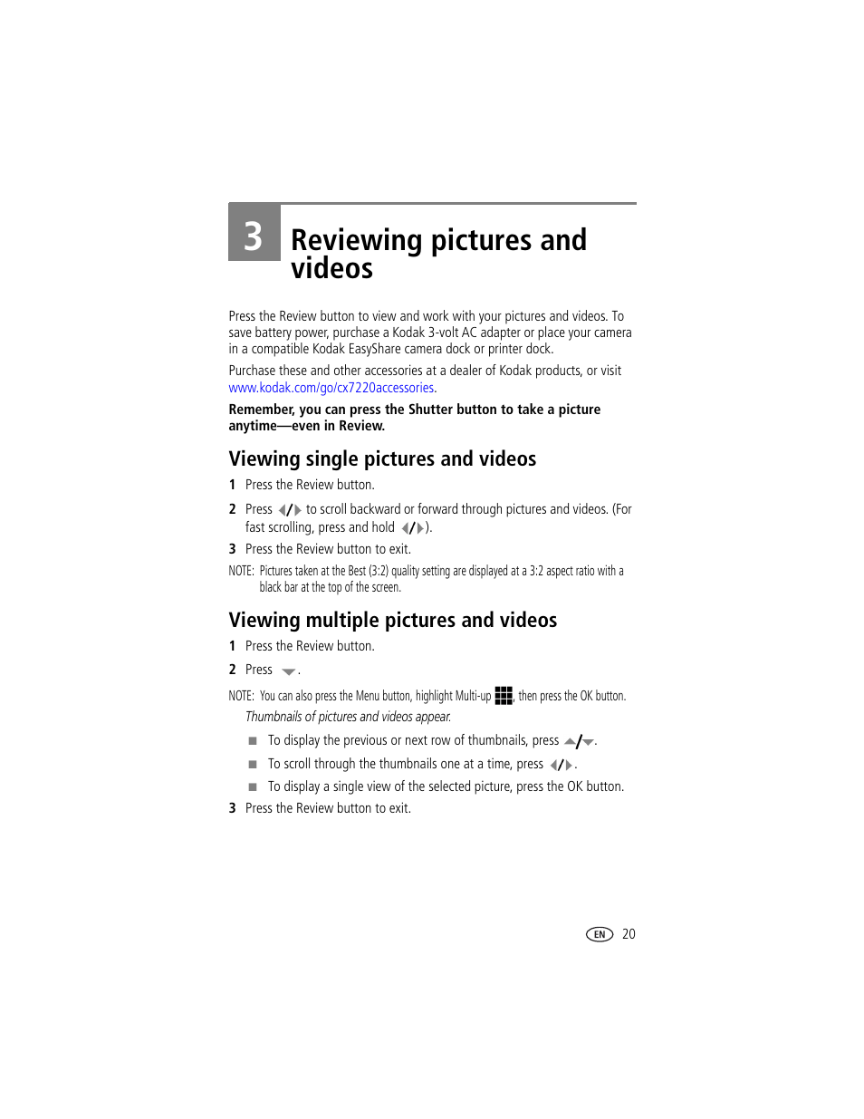 3 reviewing pictures and videos, Viewing single pictures and videos, Viewing multiple pictures and videos | Reviewing pictures and videos | Kodak CX7220 User Manual | Page 27 / 60