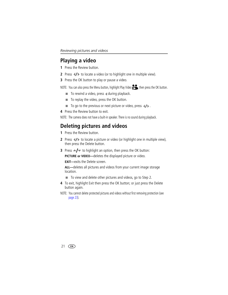 Playing a video, Deleting pictures and videos, Playing a video deleting pictures and videos | Kodak CX7220 User Manual | Page 28 / 60