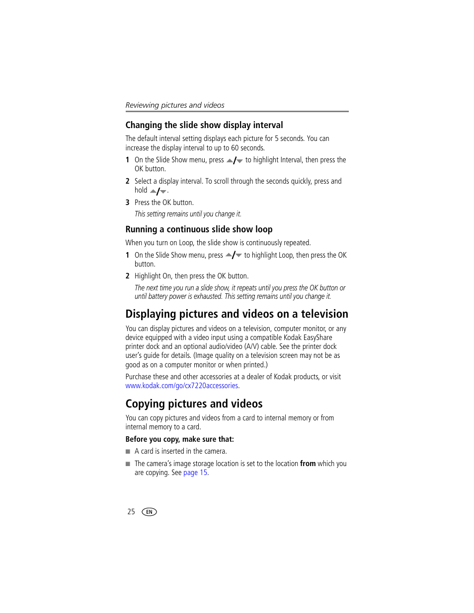 Changing the slide show display interval, Running a continuous slide show loop, Displaying pictures and videos on a television | Copying pictures and videos | Kodak CX7220 User Manual | Page 32 / 60