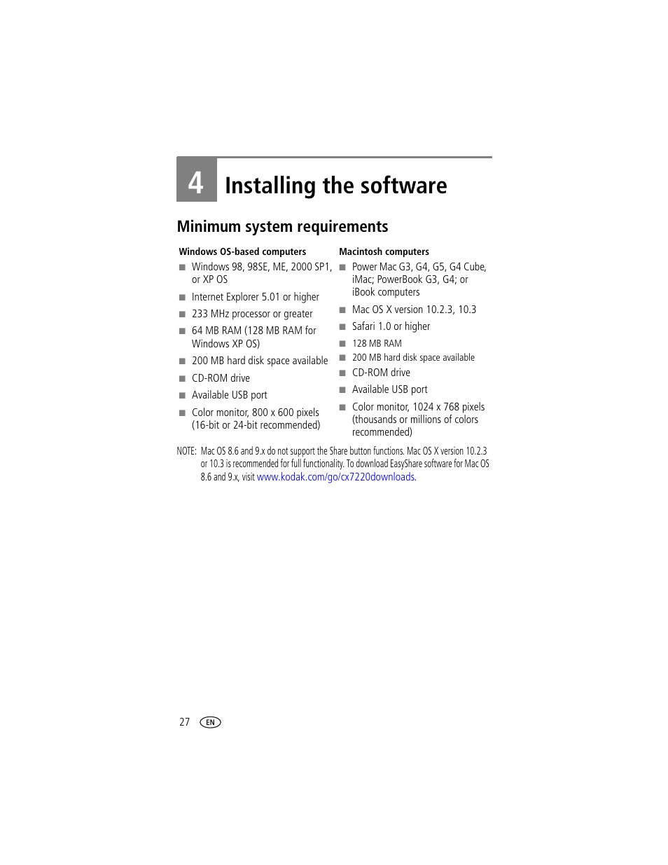 4 installing the software, Minimum system requirements, 0 or higher (see | Installing the software, To create | Kodak CX7220 User Manual | Page 34 / 60