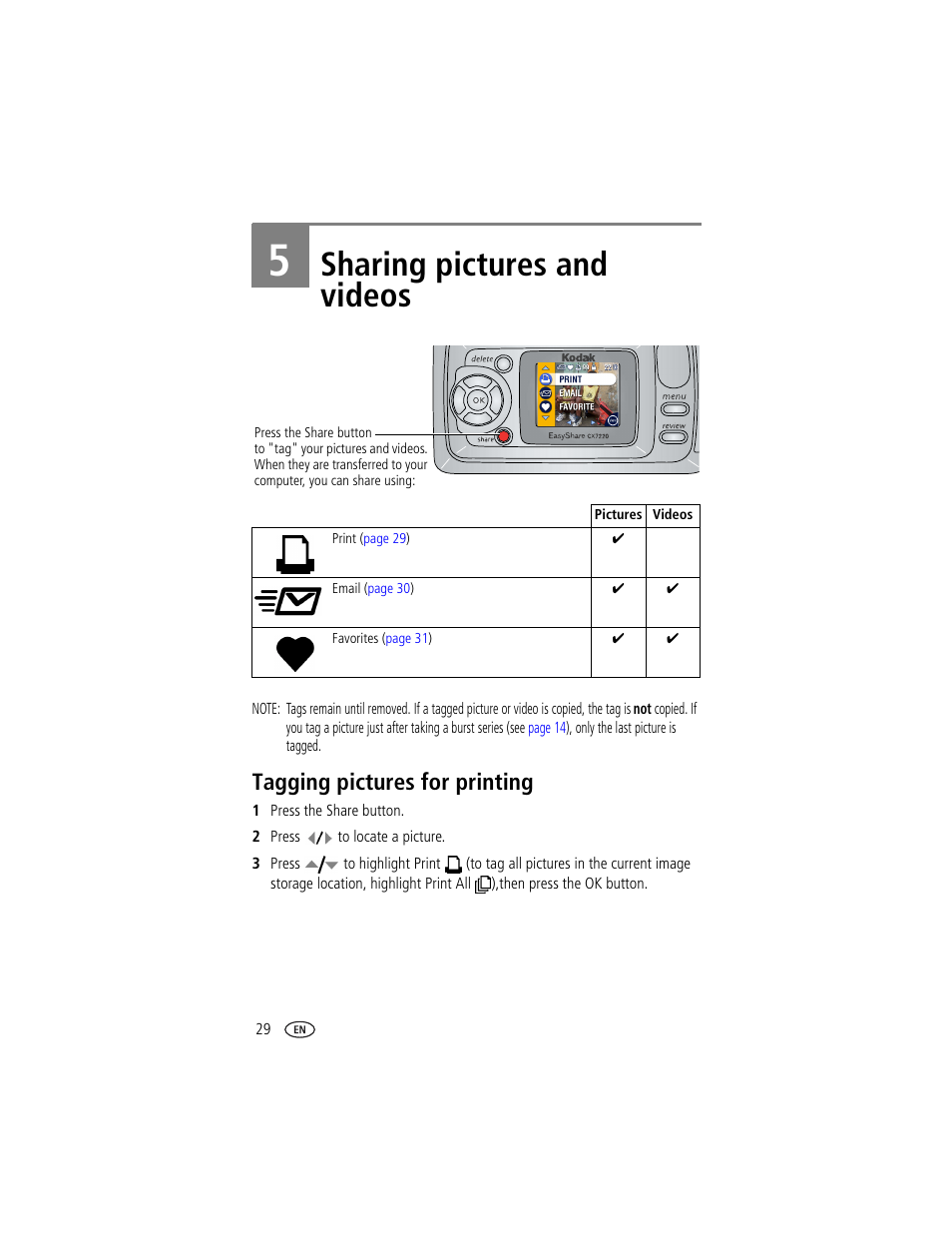 5 sharing pictures and videos, Tagging pictures for printing, Sharing pictures and videos | Kodak CX7220 User Manual | Page 36 / 60