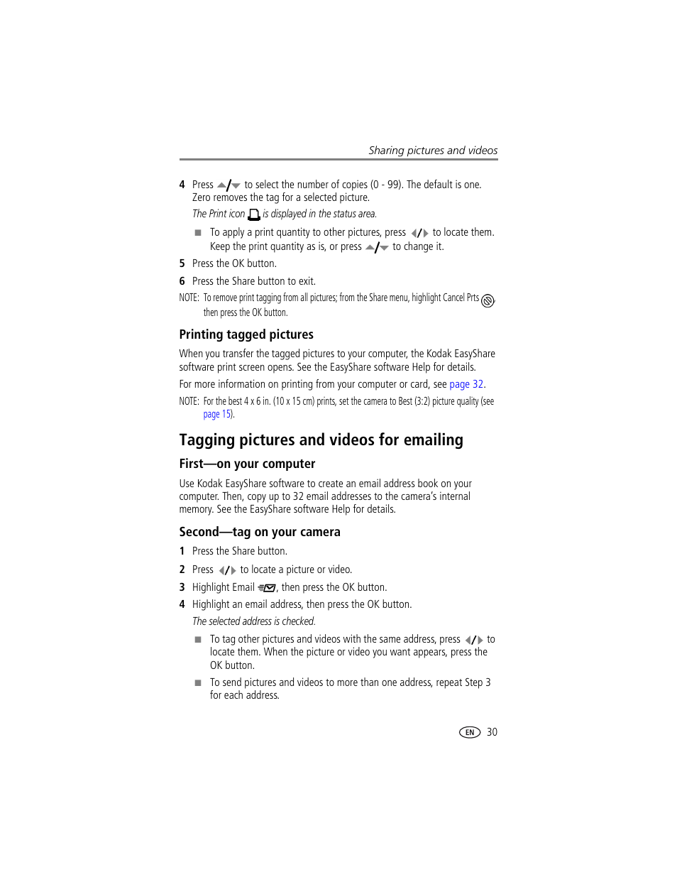 Printing tagged pictures, Tagging pictures and videos for emailing, First-on your computer | Second-tag on your camera, Email | Kodak CX7220 User Manual | Page 37 / 60