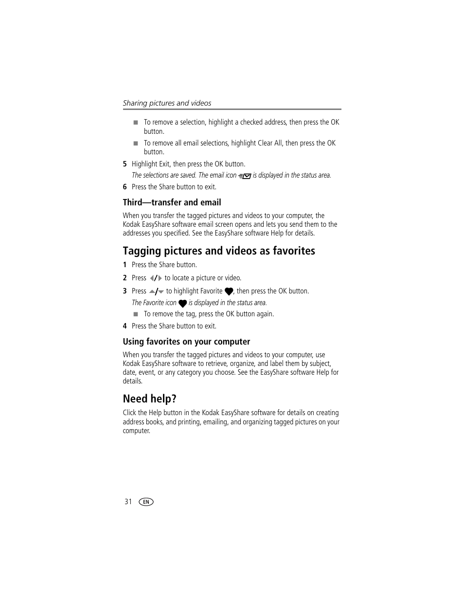 Third-transfer and email, Tagging pictures and videos as favorites, Using favorites on your computer | Need help, Tagging pictures and videos as favorites need help | Kodak CX7220 User Manual | Page 38 / 60