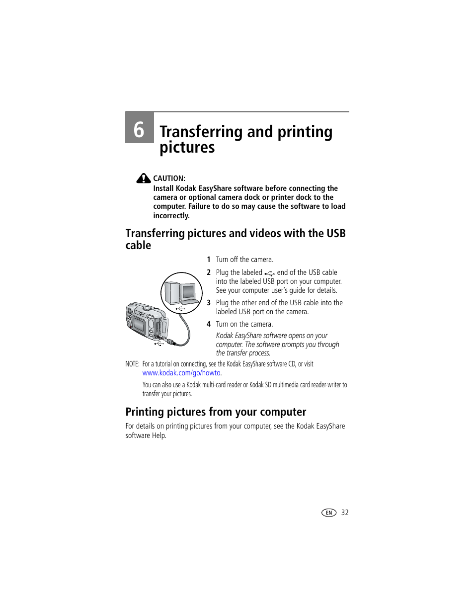 6 transferring and printing pictures, Printing pictures from your computer, Transferring and printing pictures | Kodak CX7220 User Manual | Page 39 / 60