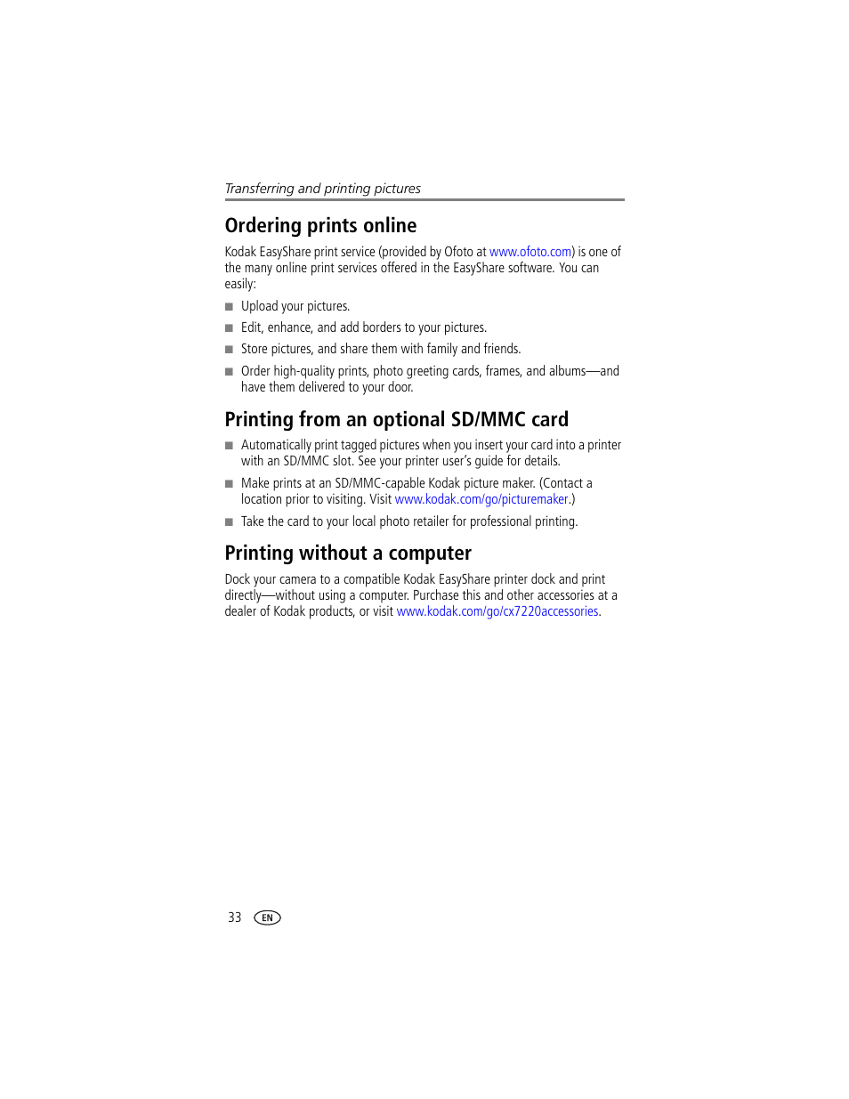 Ordering prints online, Printing from an optional sd/mmc card, Printing without a computer | Kodak CX7220 User Manual | Page 40 / 60