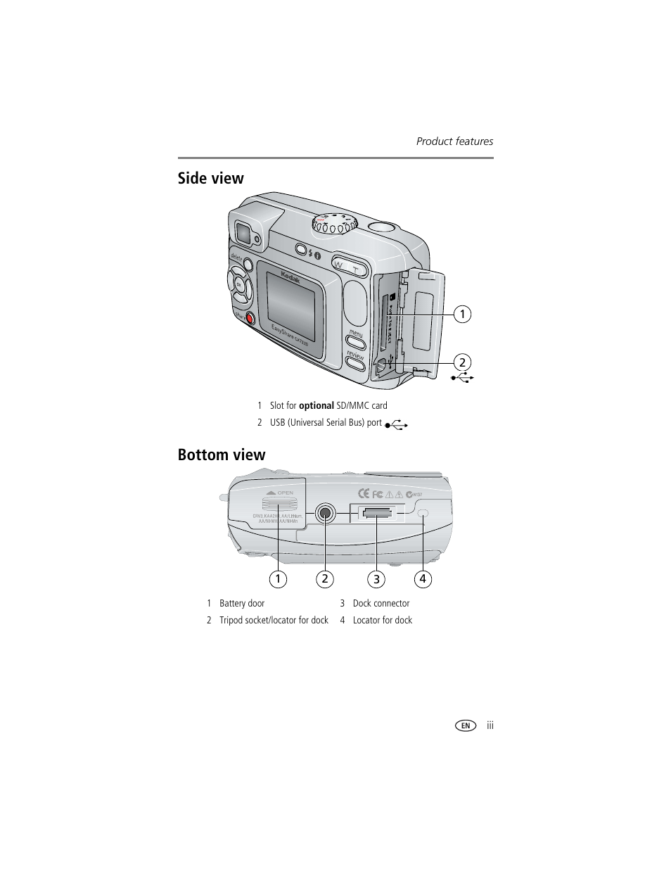 Side view bottom view | Kodak CX7220 User Manual | Page 5 / 60