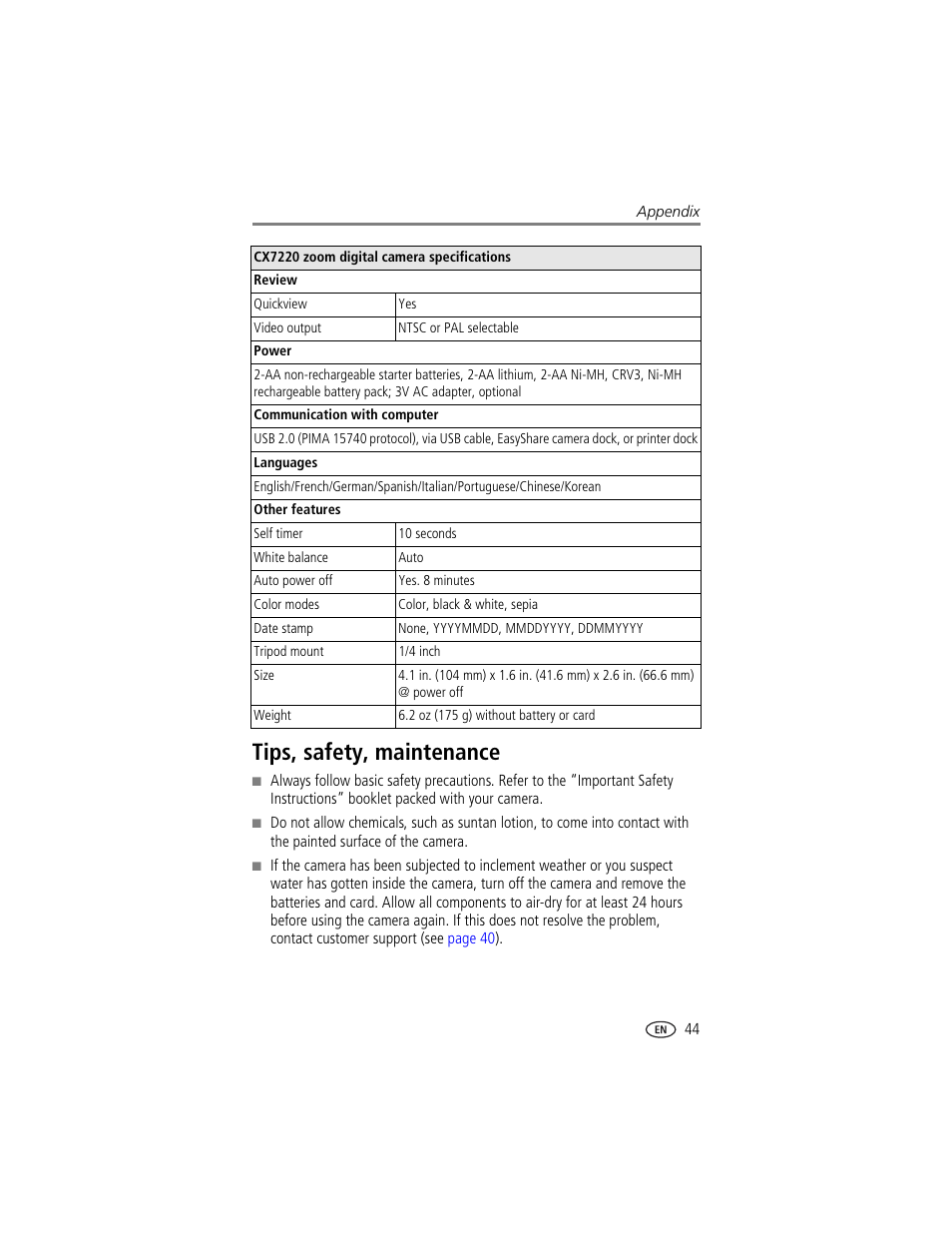 Tips, safety, maintenance | Kodak CX7220 User Manual | Page 51 / 60