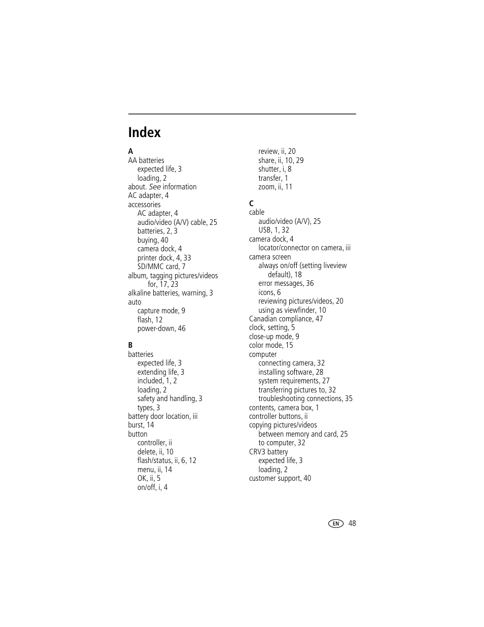 Index | Kodak CX7220 User Manual | Page 55 / 60