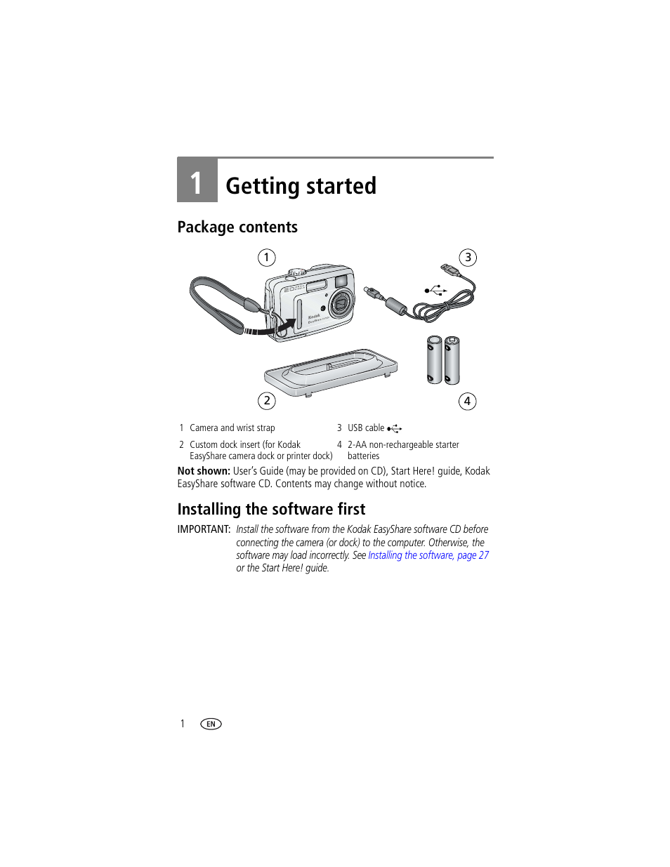 1 getting started, Package contents, Installing the software first | Package contents installing the software first, Getting started | Kodak CX7220 User Manual | Page 8 / 60