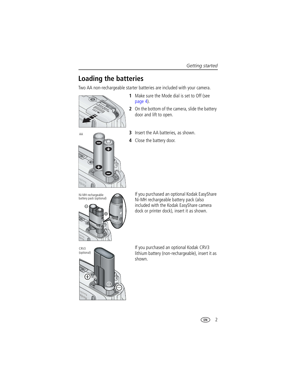 Loading the batteries | Kodak CX7220 User Manual | Page 9 / 60