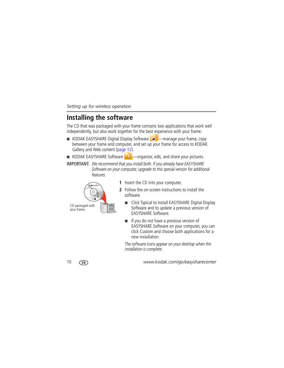 Installing the software | Kodak W820 User Manual | Page 10 / 30